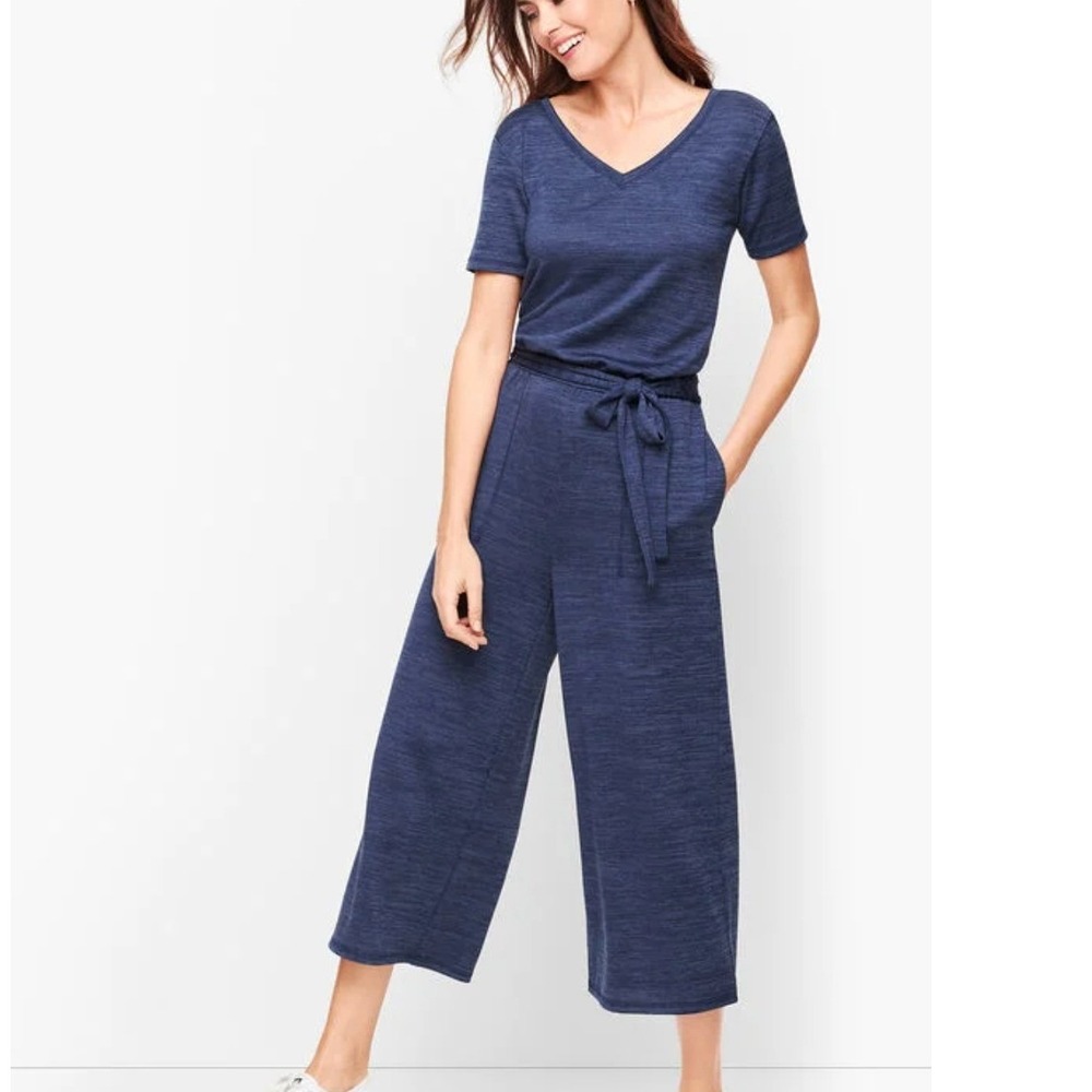 Talbots Blue Marled Jersey V-Neck Wide Leg Cropped Jumpsuit Small Waist Tie